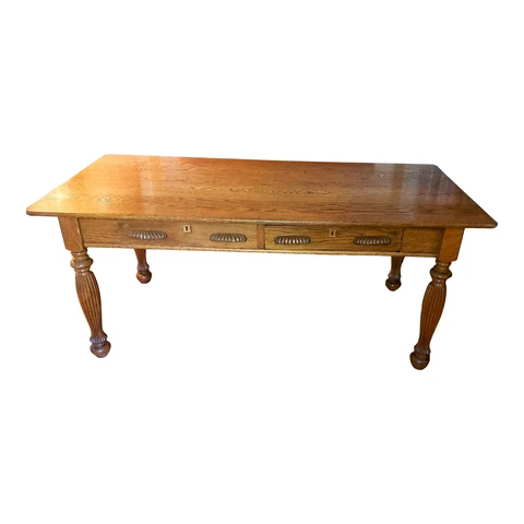 Antique English Solid Oak Turned Leg Table With Drawers Cover