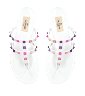 NWT $450 VALENTINO GARAVANI White Rockstud Flat Sandals Multicolor 40 US 9 Slide - Image 1 of 4