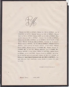 *1874 Faire-part décès Anne-Marie-Antoinette-Ida du COR de DUPRAT - Mauléon Gers - Imagen 1 de 1
