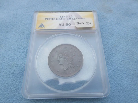 1843 N-3 R3 ANACS AU-50 Scarce variety! Free shipping! Cover