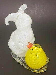 HandBlown Art Glass White Easter Bunny & Yellow Chick Sculpture  Paperweight - Picture 1 of 8