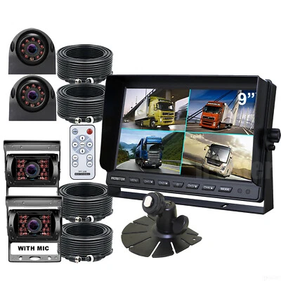 9" Quad Monitor Split screen 4* 4PIN HD CCD Side Rear View Cameras Kit for Truck - Image 1 of 4