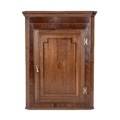 Georgian Oak Mahogany Inlaid Wall-Hanging Corner Cupboard Late c18th George III - Image 1 of 4