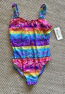 Traje de baño de una pieza colorido vintage años 90 nuevo con etiquetas para mujer talla 12” - Imagen 1 de 7