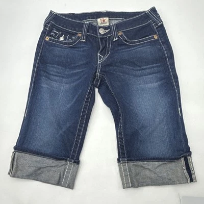 TRUE RELIGION SOPHIE CUFFED DENIM BLUE JEAN BERMUDA SHORTS WOMENS SIZE 28 - Image 1 of 4