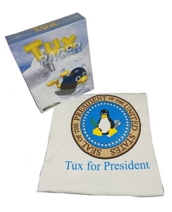 Tux Racer (PC & Linux Game) Win the cup! PLUS Tux for President T-Shirt - Large - Picture 1 of 5