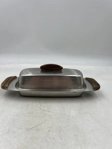 Vintage 18-8 Stainless Steel Butter Dish MCM Wood Handles Japan Covered Lidded - Picture 1 of 13