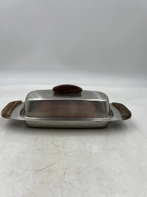 Vintage 18-8 Stainless Steel Butter Dish MCM Wood Handles Japan Covered Lidded - Image 1 of 4