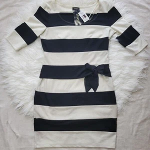 Chaya Ivory Black 3/4 Sleeve Striped Dress Women’s Size 14 With Bow Stretch - Picture 1 of 10