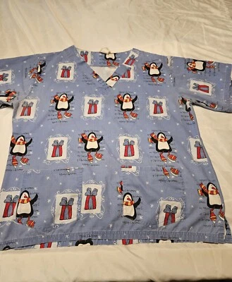 UA Scrubs Scrub Top Penguins Merry Christmas No Size Tag See Details  - Image 1 of 4