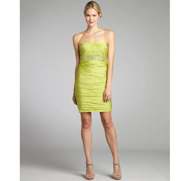 Carmen Marc Valvo Lime Silk Stud Crystal Banded Dress Size 10