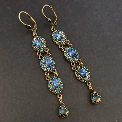 Pendientes Michal Negrin AB Azul Metálico Cristales Brillantes Declaración Muy Largos 3" Foto 1 de 4