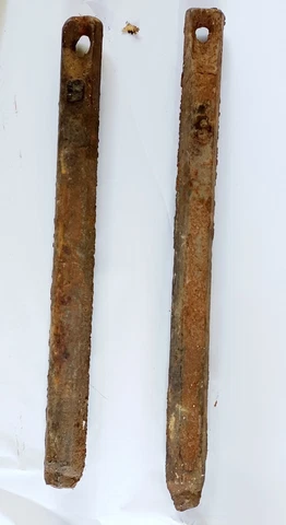 2 Antigue Cast Iron Window Weights- Each  8+lbs   Lengths 9" & 10" Some Damage Cover
