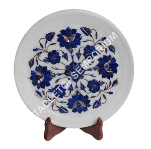 9" Marble White Decorative Plate Lapis Inlay Pietradura Floral Art Columbus Gift - Picture 1 of 2