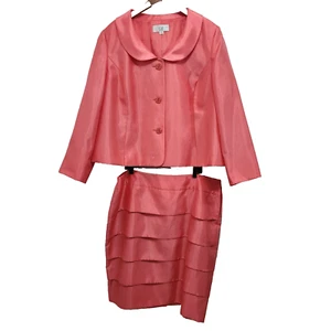 Le Suit Jacket Skirt Suit 18 Salmon Metallic Satin Classic Cocktail Church Layer - Picture 1 of 23