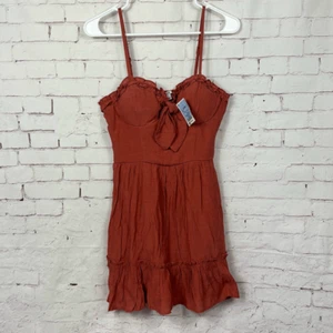 AUW Dress Womens Small Mini Ruffle Smocked Tiered Spaghetti Strap Lined Rust Red - Picture 1 of 11