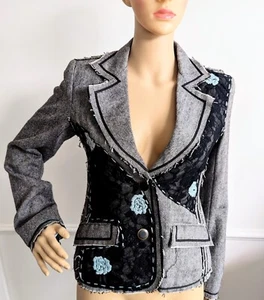 Coronets And Queens Unusual Grey Wool Embroidered Lace Patchwork Suit Jacket S - Picture 1 of 7