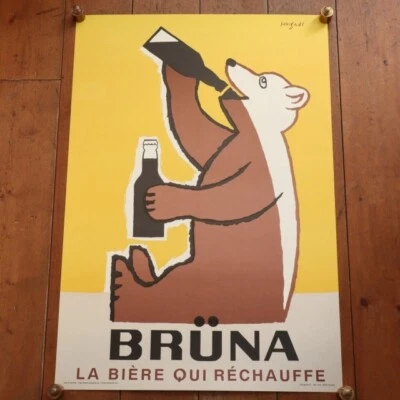 Cartel vintage de cerveza Bernard Villemot Savignac BRUNA A2 gran arte interior Francia Foto 1 de 2