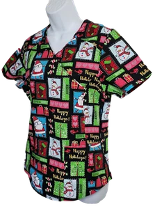 NWOT Scrubstar Scrub Top Mock Wrap Christmas Block Design Santa Presents XS - Picture 1 of 3