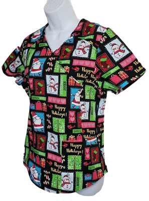 NWOT Scrubstar Scrub Top  Mock Wrap Christmas Block Design Santa Presents XS - Image 1 of 3