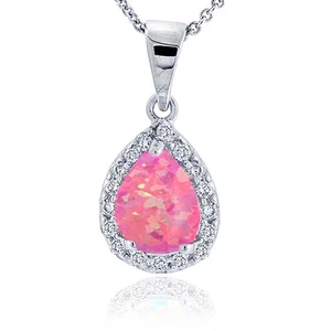 Sterling Silver Lab Created Pink Opal & Cubic Zirconia Teardrop Necklace - Picture 1 of 3