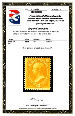 Departamento de Agricultura Scott #O7 15c de Estados Unidos Sello oficial. Como nuevo. OGH. Certificado PSE. CV $425 Foto 1 de 3