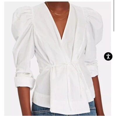 JASON WU ~ White Long Puff Sleeve Wrap Top Blouse Stretch Cotton V Neck ~  Sz S - Image 1 of 4