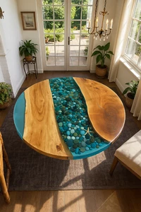 Round Blue Ocean Wave Epoxy Resin Center Table – Handmade Acacia Wood Live Edge - Picture 1 of 8