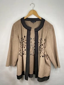 Ming Wang Women's Size 1X Tan Brown Laser Cut Soft Faux Suede Open Jacket GUC - Picture 1 of 6