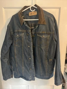 Wrangler Mens Jacket M Tall Blue Denim Brown Corduroy Collar Plaid Lined Western - Picture 1 of 15