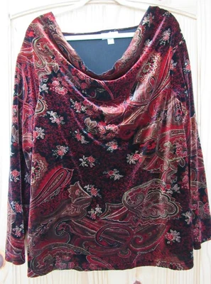 Camisa Coldwater Creek Para Mujer 1X Roja Negra Terciopelo Cachemira Floral Capucha Cuello Top Foto 1 de 4