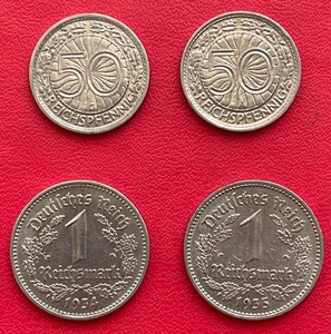 Deutschland. Lot von 4 Münzen 50 Reichspfennig 1927 /30 und 1 Reichsmark 1934 /35 - Bild 1 von 2