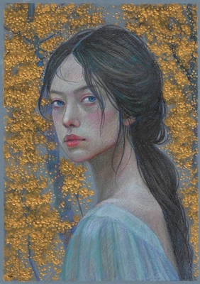 original drawing A4 140GK artwork mixed media modern female portrait - Image 1 of 4