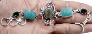 925 Sterling Silver Labradorite & Chrome Gemstone Jewelry Bracelet Size-7-8'' - Picture 1 of 3