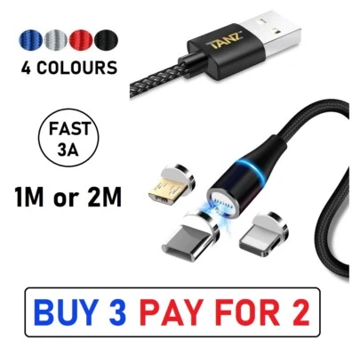 3in1 USB Cable 3A FAST Magnetic Charger Sync Charging AL Phones Micro iOS Type-C - Image 1 of 2