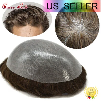US Mens Toupee Human Hair Piece Full Poly Thin Skin Men Hair Replacement Systems - Image 1 of 4