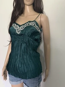 Le Chateau Women's Beaded Embroidered color Emerald Strap 100% Silk Top SIZE S-M - Picture 1 of 10