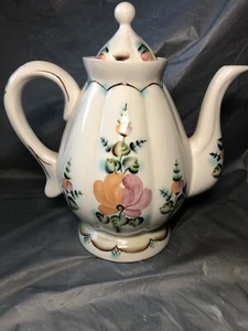 Ceramic Flower Leaves White Pink Peach Teal Painted Tea Coffee Pot - Picture 1 of 11