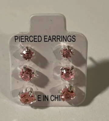 Set Of 3 Classic Crystal Square Cut Stud Earrings In Silver Tone (Pink) New - Image 1 of 3