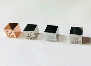Lot de 4 cubes (10 mm), métaux purs polis : tungstène-cuivre-titane-molybdène - Imagen 1 de 5