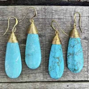 Handmade Gold Wire Bound Genuine  Turquoise Stone Drop Earrings - Picture 1 of 1