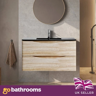 THE BATH PEOPLE Light Ash Wall Hung Vanity Unit Grey Glass Basin Bathroom Storage Cabinet 900mm