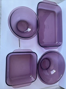Lot Of 4 Vintage Amethyst Cranberry Pyrex Bowls & Casserole Dish Made In USA - Picture 1 of 10