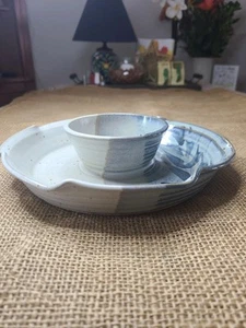 Stoneware Signed LARA Hand Thrown 9" scalloped Chip and Dip Bowl blue Glaze BOHO - Picture 1 of 11
