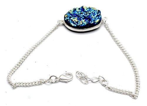 VALENTINO 925 Sterling Silver Druzy Quartz Gemstone Handmade Jewellery Bracelet Size 7 8"