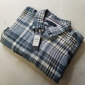 Nuevo con etiquetas Tommy Hilfiger Camisa Manga Larga Algodón Lino XL Azul Gris A Cuadros - Imagen 1 de 14