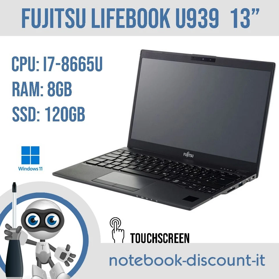 Notebook Fujitsu U939 13" Cpu i7-8665u Ram 8gb  SSD 120gb TOUCHSCREEN  GRADO B - Immagine 1 di 4