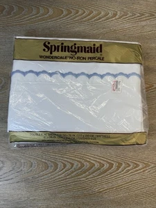 NOS Vintage SPRINGMAID Wondercale EMBROIDERED Scalloped Blue Double Flat Sheet - Picture 1 of 11