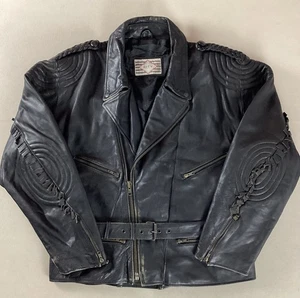 Vintage Heavy Leather Biker Jacket Cruiser Jacket Fringed Black Size 48 - Picture 1 of 22