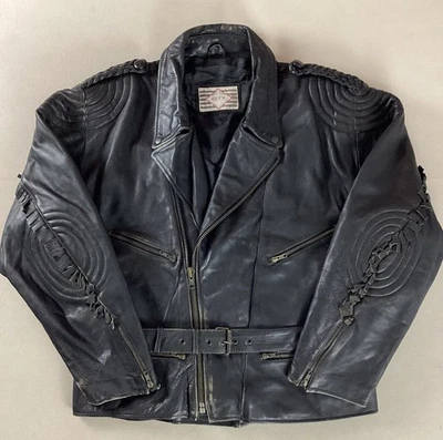 Vintage Heavy Leather Biker Jacket Cruiser Jacket Fringed Black Size 48 - Image 1 of 4